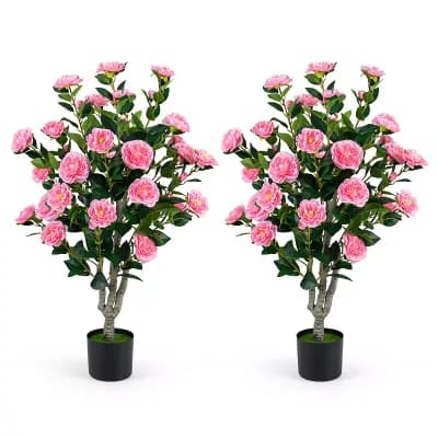 Costway 2 pc 39.5” Artificial Camellia Tree, Faux Flower Plant Tree in Cement-Filled Pot