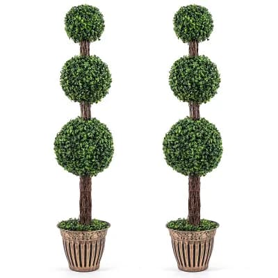 Costway 2 pc Artificial Triple Ball Boxwood Tree, Fake Topiary Tree with Retro Planter