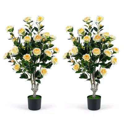 Costway 2 pc 39.5” Artificial Camellia Tree Faux Flower Plant Tree in Cement-Filled Pot
