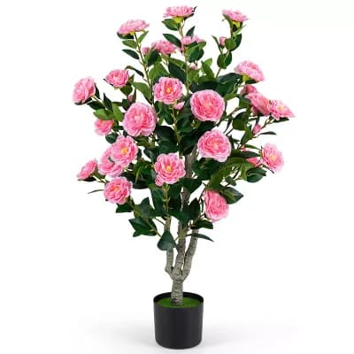 Costway 39.5” Artificial Camellia Tree, Faux Flower Plant Tree in Cement-Filled Pot