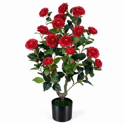 Costway Artificial Camellia Tree, 35.5” Faux Flower Plant in Cement-Filled Pot for Home