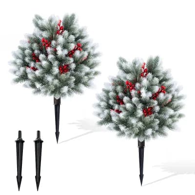 Costway 2 pc 27.5" Artificial Cedar Topiary Ball Trees with Ground Spikes, Indoor & Outdoor
