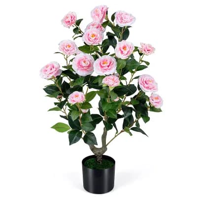Costway Artificial Camellia Tree, Faux Flower Plant in Cement-Filled Pot, Indoor Outdoor