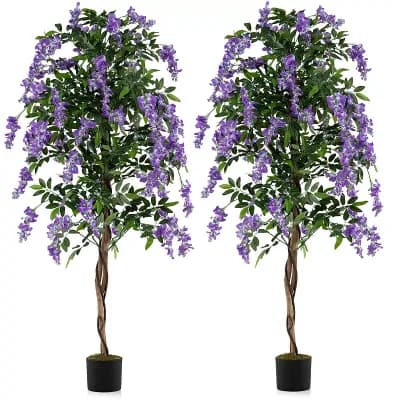 Costway 6 FT Artificial Wisteria Tree Set of 2 with Natural Trunks Purple Lifelike Flowers