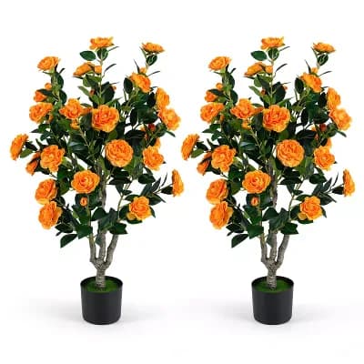 Costway 39.5” Artificial Camellia Tree Set of 2 with Orange Blossoms for Home Office, Porch