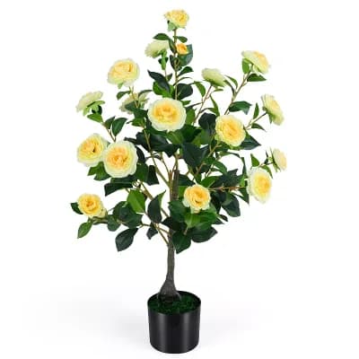 Costway Artificial Camellia Tree, Faux Flower Plant in Cement-Filled Pot, Indoor Outdoor Yellow