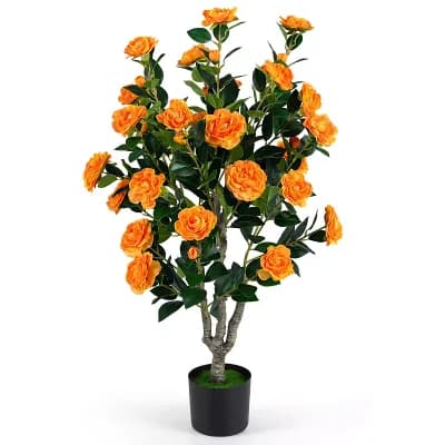 Costway 39.5” Artificial Camellia Tree, Faux Flower Plant Tree in Cement-Filled Pot