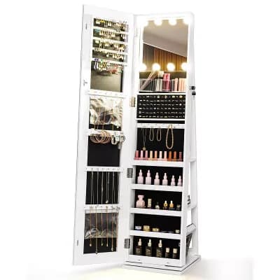 Costway 360° Swivel Jewelry Cabinet with Lighted Full Length Mirror & Back Shelves, Lights