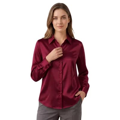 Women's Turn Down Collar Button Down Closure Satin Shirt