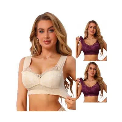3 Packs Women's Plunge Lace Wireless Push Up Pullover Bra Full Coverage AntiSagging Wide Strap Bras