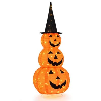 Costway 5 FT Lighted Halloween Decorations Collapsible Stacked Pumpkins with Witch Hat