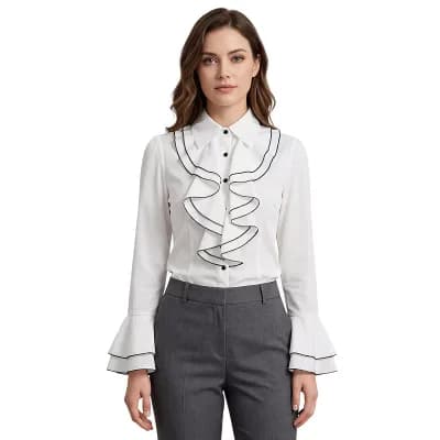 Women's Ruffled Trim Collared Bell Sleeve Button Down Shirt