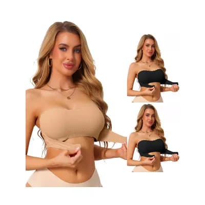 3 Packs Women's Front Closure Push Up Strapless Bandeau Non-Slip Wavy Edge Backless Wirefree TubeBra
