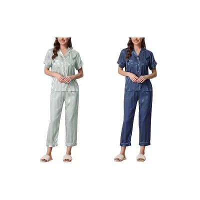 2 Packs Women's Satin Button Down Short Sleeve Shirt and Long Pants Pajama Set