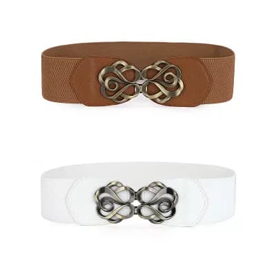 2 pc Women's Elastic Belts Metal Interlocking Buckle Stretchy Belts