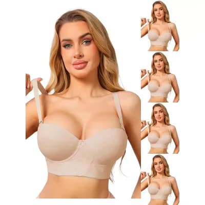 5 Packs Women's Lace Longline Strapless Bra Non-Slip Underwire Push Up Wide Band Convertible Bandeau
