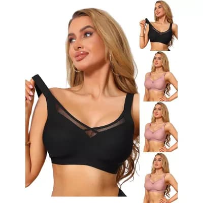 5 Packs Women's V-Neck Mesh Full Coverage Wireless Soft Cup Wide Adjustable Straps Minimizer Bras