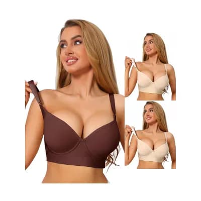 3 Packs Full Coverage Underwire Bra for Women Push Up Plunge Molded Cups Wide Straps Lingerie