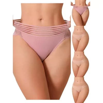 5 Packs Womens Mesh Striped Underwear Mid Waisted Lace Briefs See Through Panties
