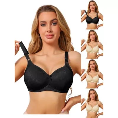 5 Packs Women's Deep V Lace Full Coverage Wireless Minimizer Soft Cup Wide Strap Everyday Bras
