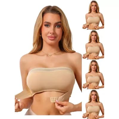 5 Packs Mesh Front Closure Strapless Bra for Women Push Up Low Back Seamless Tube Bandeau