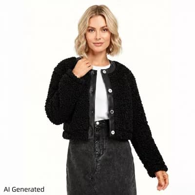 Women's Cropped Fuzzy Fleece Jacket Long Sleeve With Faux Leather Trim Soft Warm Outerwear