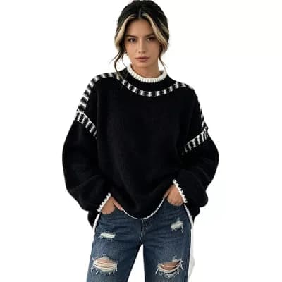 Women's Retro Contrast Trim Sweater Mock Neck Drop Shoulder Long Sleeve Pullover Knit Top