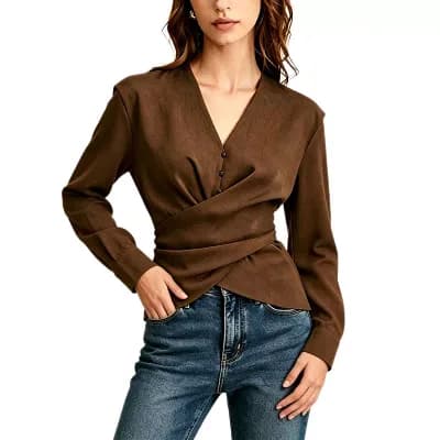 Women's V Neck Wrap Waist Long Sleeve Slim Fitted Blouse with Button Detail for Daily Office