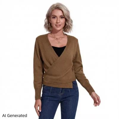 Women’s V Neck Wrap Sweater, Long Sleeve Knit Tops