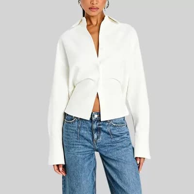 Women's Cropped Collar Blouse Long Sleeve Asymmetrical Hem Button Shirt For Office Wear