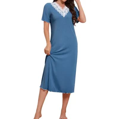 Womens Long Nightgown V-Neck Lace Trim Sleep Dress