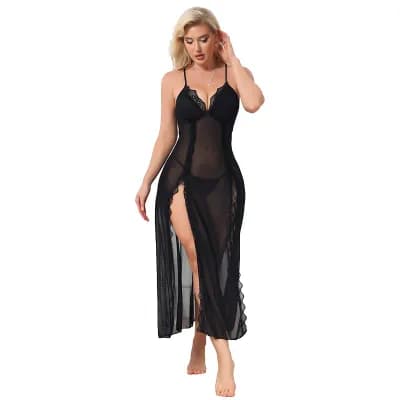 Women Lingerie Set Long Side Split Lace Nightdress See-Through Mesh V Neck Sleepwear