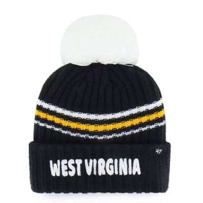 Women's '47 Navy West Virginia Mountaineers Seasonal Fuzzy Script Big Pom Knit Hat