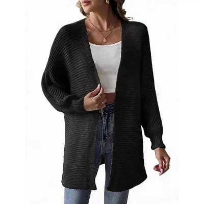 Womens Open Front Ribbed Cardigan Long Sleeve Relaxed Fit Knit