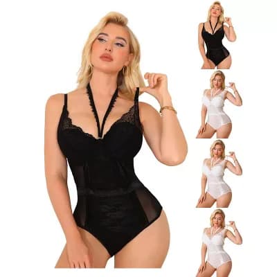5 Packs Halter Neck Shapewear Bodysuit for Women Plunge Lace Mesh See Through Underwire Bodyshaper