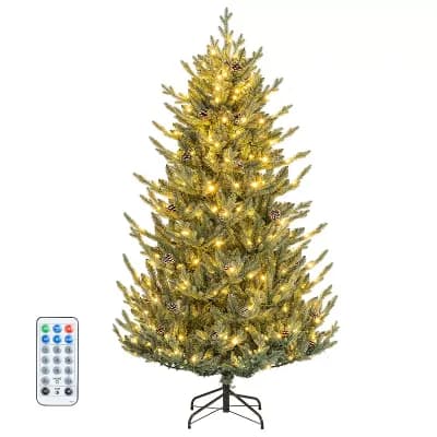 Costway 6/7.5/8 FT Artificial Christmas Tree with Branch Tips, LED Lights, Pine Cones