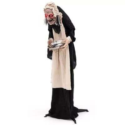 Costway 5.2 FT Halloween Animated Standing Greeter Old Lady with Candy Dish & LED Eyes