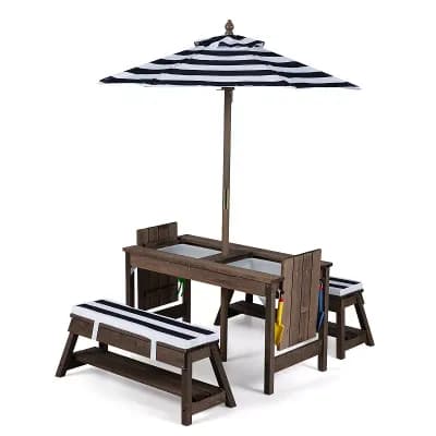 Costway Kids Picnic Table & Benches Set with Adjustable Umbrella, Removable Cushions, Boxes