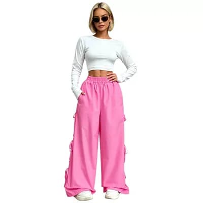Women’s Casual Girly Side Bow Wide Leg Pants Lightweight Elastic Waist Trousers with Pockets