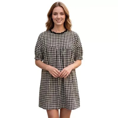 Women's Round Neck Folds Lantern Sleeve Pull on Plaid Mini Dress