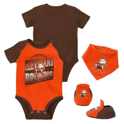 Newborn & Infant Mitchell & Ness Orange/Brown Cleveland Browns Throwback Big Score Bodysuit, Bib & Bootie Set