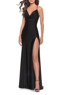 Drape Neckline Jeweled Jersey Prom Dress with High Slit