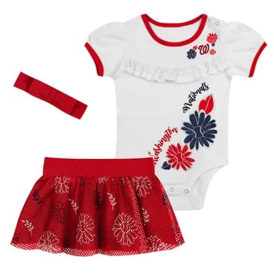 Newborn White/Red Washington Nationals Sweet Catcher 3-Piece Bodysuit, Headband and Skirt Set