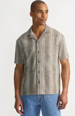 Short Sleeve Textured Jacquard Camp Collar Shirt - Set Top