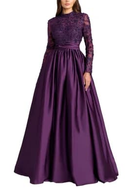 Embroidered Long Sleeve Satin Ball Gown