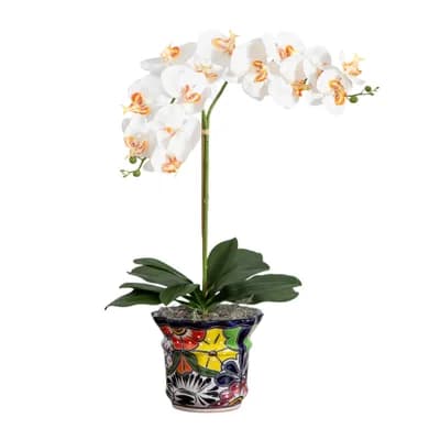 26-in Artificial Double Orchid Arrangement in Handmade Mexican Talavera Ceramic Planter