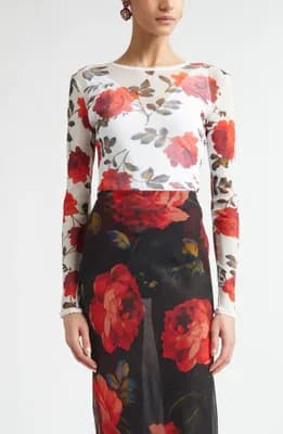 Rose Print Silk Mesh Top