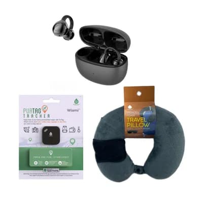 Ultimate Travel Essentials Bundle - Wireless Earbuds, Purtag Tracker & Memory Foam Travel Pillow Set