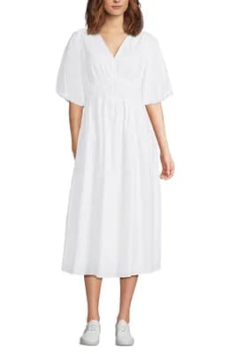 Puff Sleeve Smocked Waist V Neck Dress