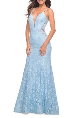 Long Mermaid Lace Dress with Back Rhinestone Detail